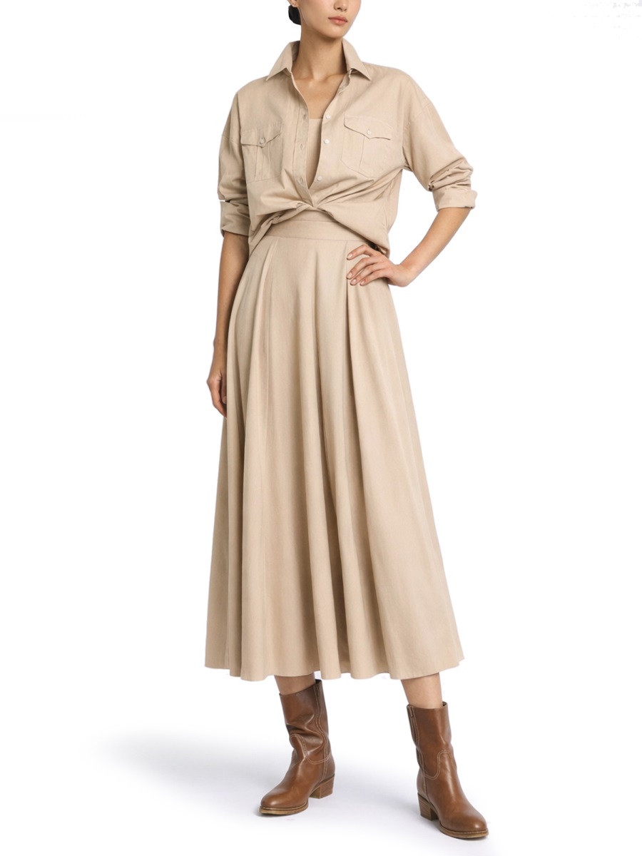 Fay Midi-Length Skirt With High Waist And Soft Pleats Bruin