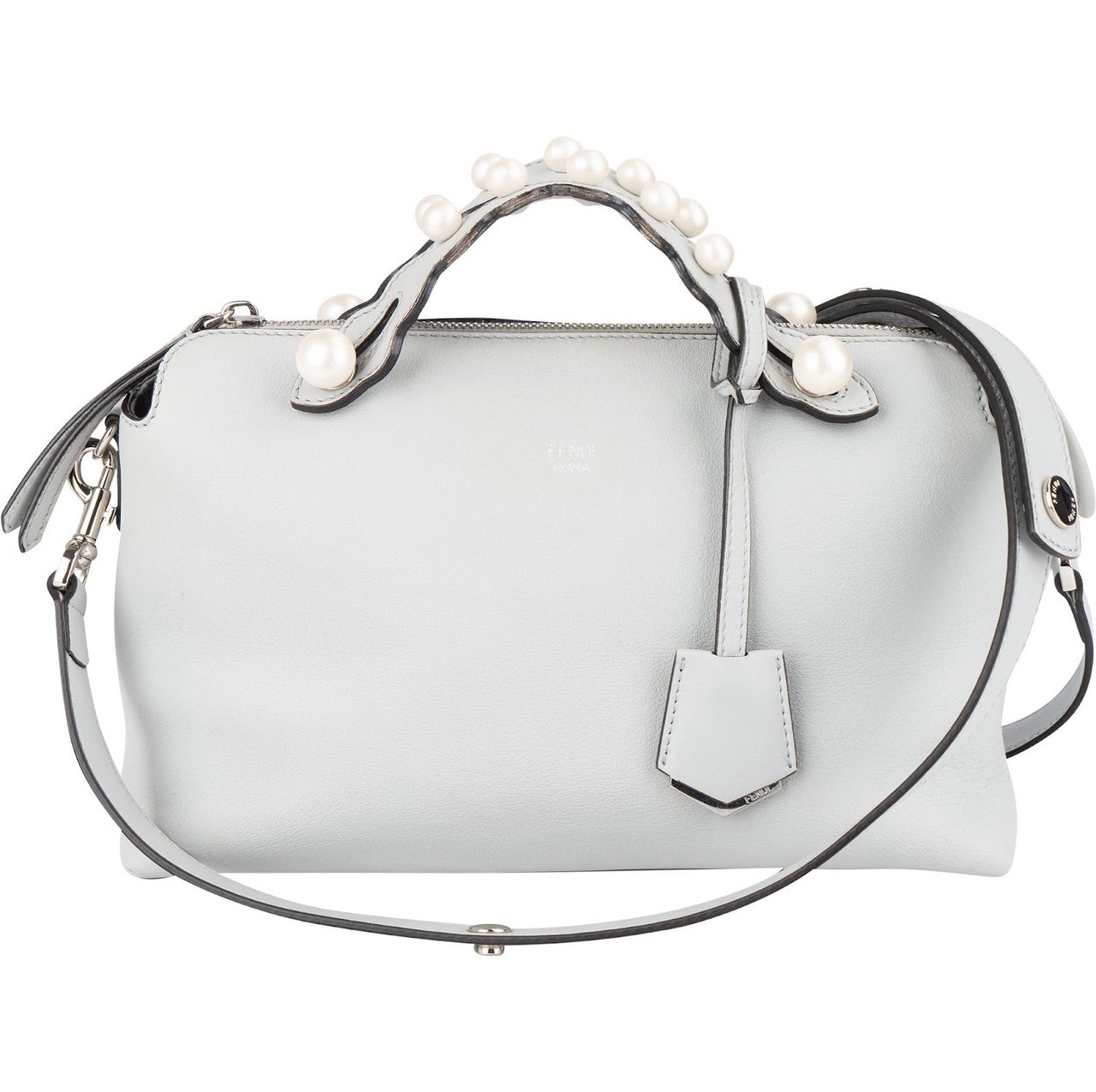 Fendi Leather Pearl Embellished By The Way Boston Handbag Lichtblauw