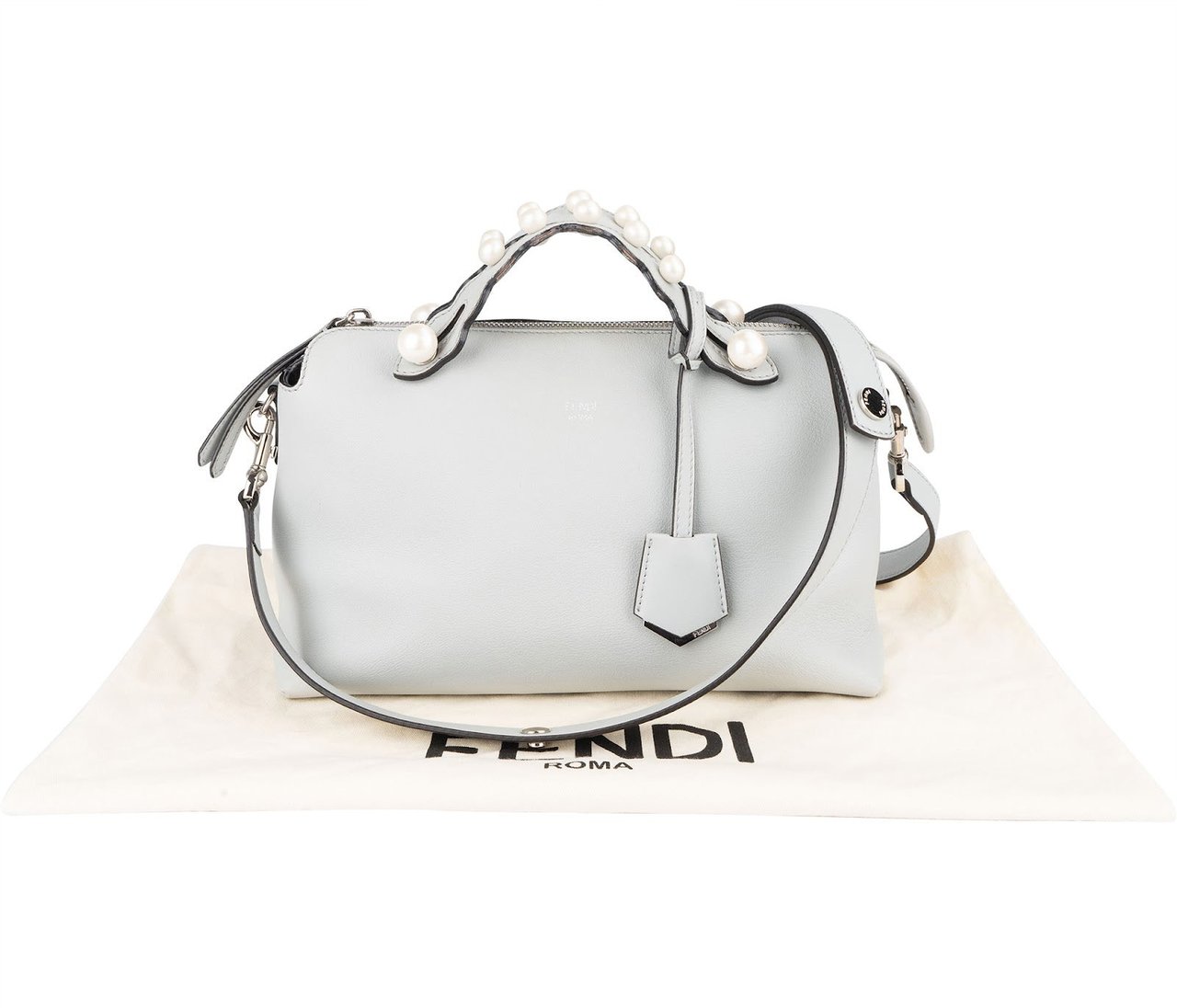 Fendi Leather Pearl Embellished By The Way Boston Handbag Lichtblauw