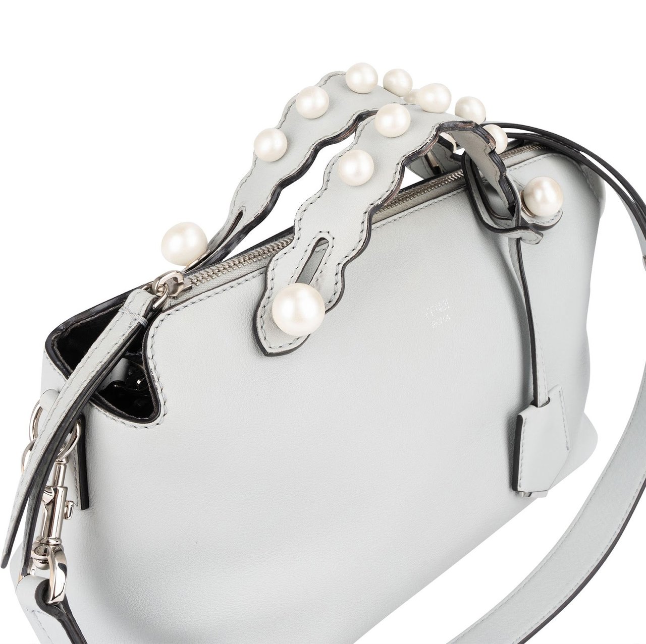 Fendi Leather Pearl Embellished By The Way Boston Handbag Lichtblauw