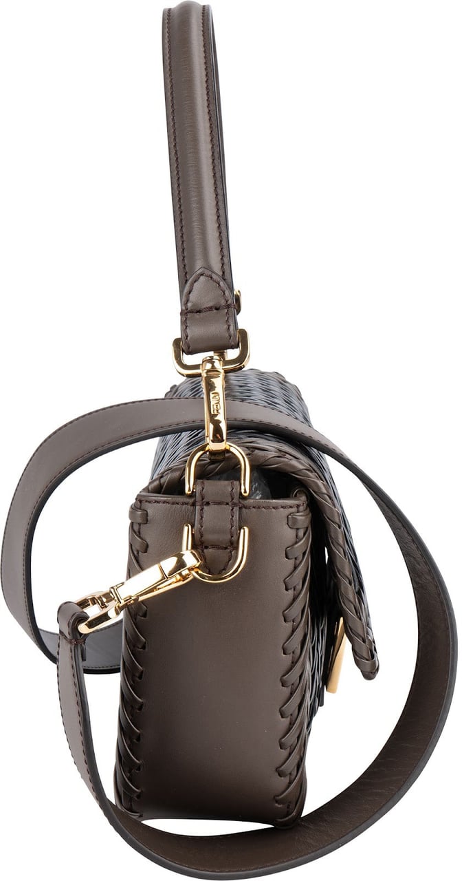 Fendi Fendi Woven Leather Baguette Crossbody Bag Bruin
