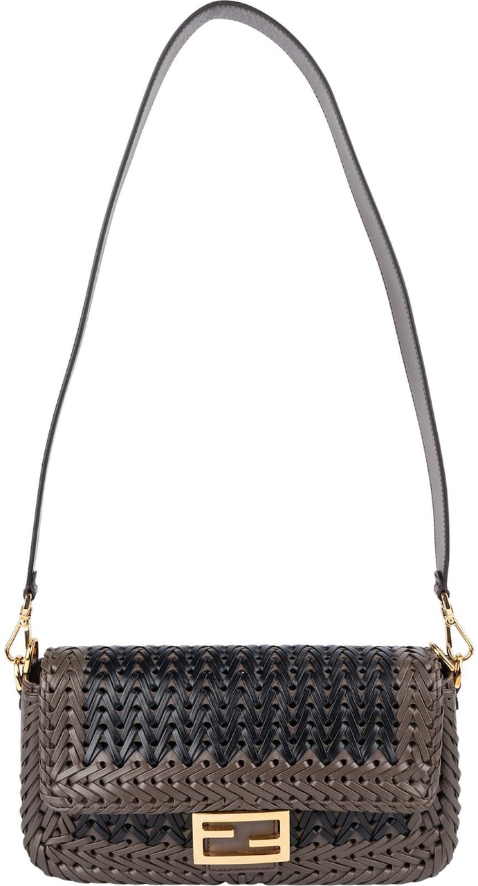 Fendi Fendi Woven Leather Baguette Crossbody Bag Bruin