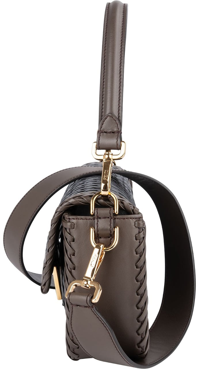 Fendi Fendi Woven Leather Baguette Crossbody Bag Bruin