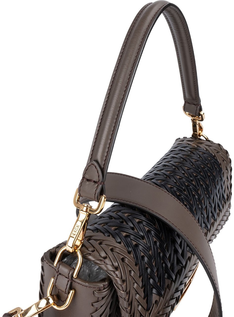 Fendi Fendi Woven Leather Baguette Crossbody Bag Bruin