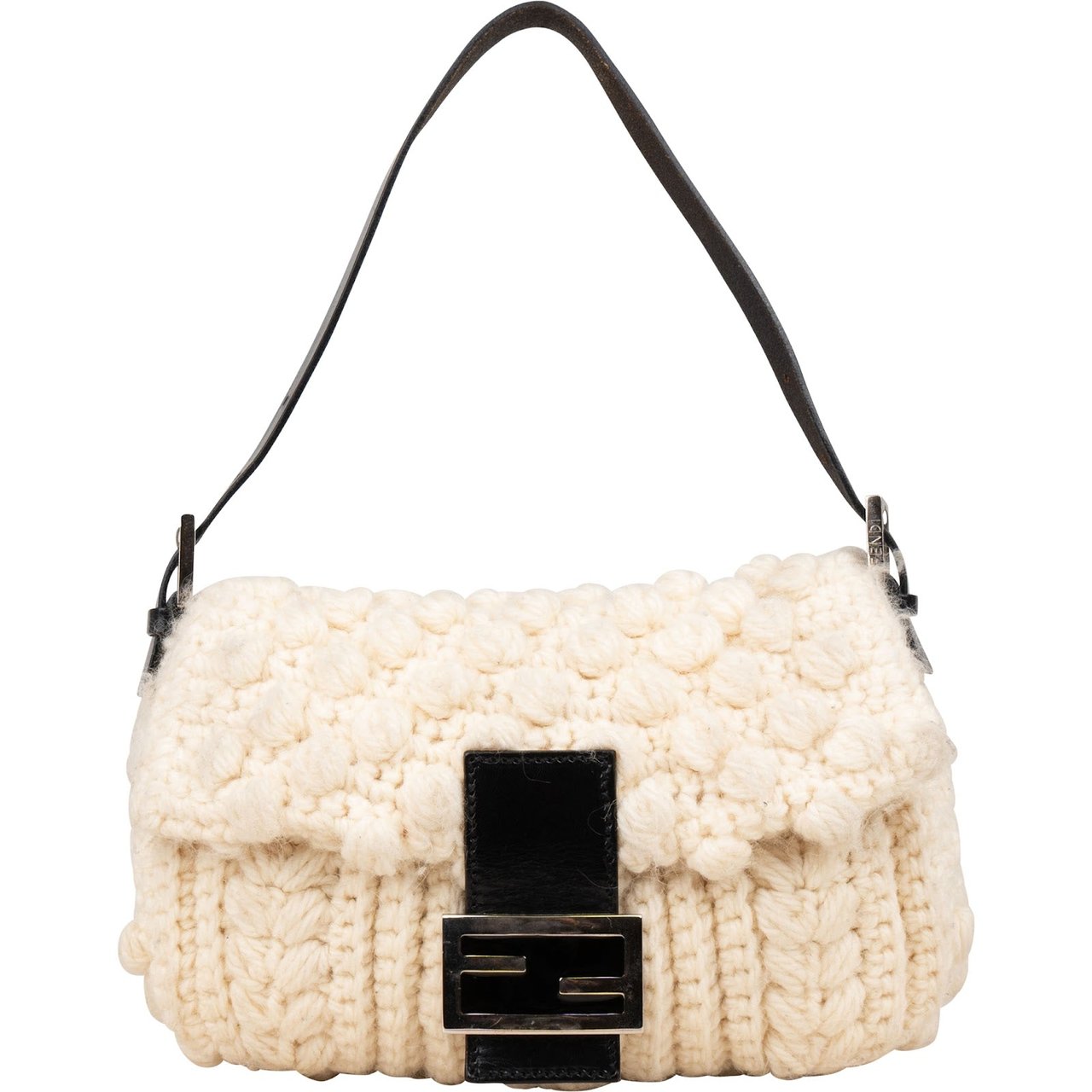 Fendi Fendi Black Wool Knit Baguette Shoulder Bag Beige