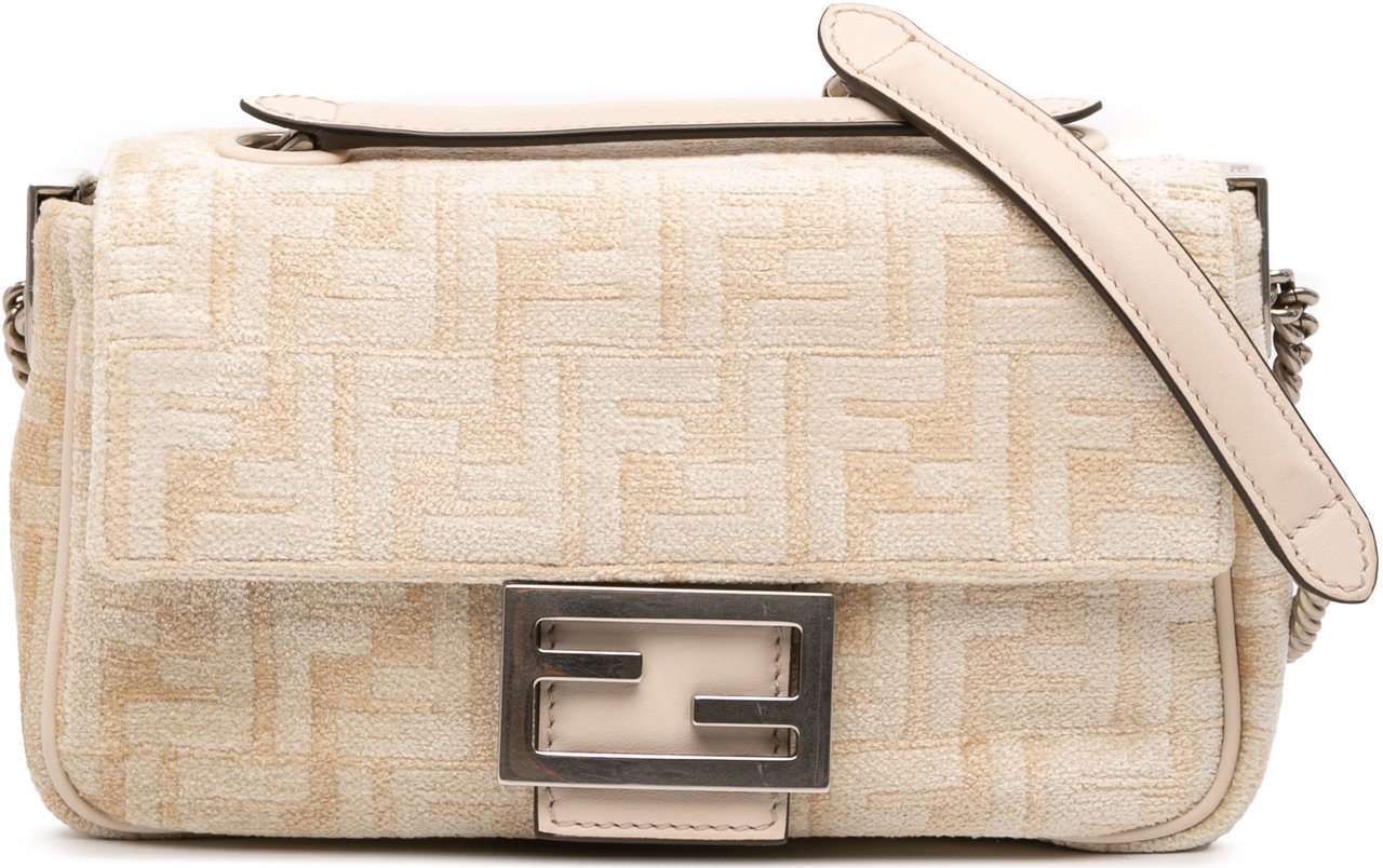 Fendi FF Chenille and Leather Chain Midi Baguette Bruin