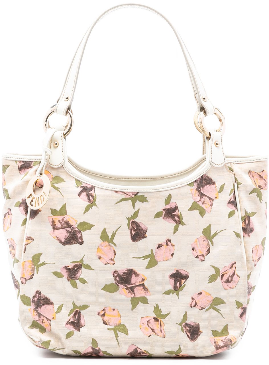 Fendi Zucca Canvas Rose Printed Chef Handbag Bruin