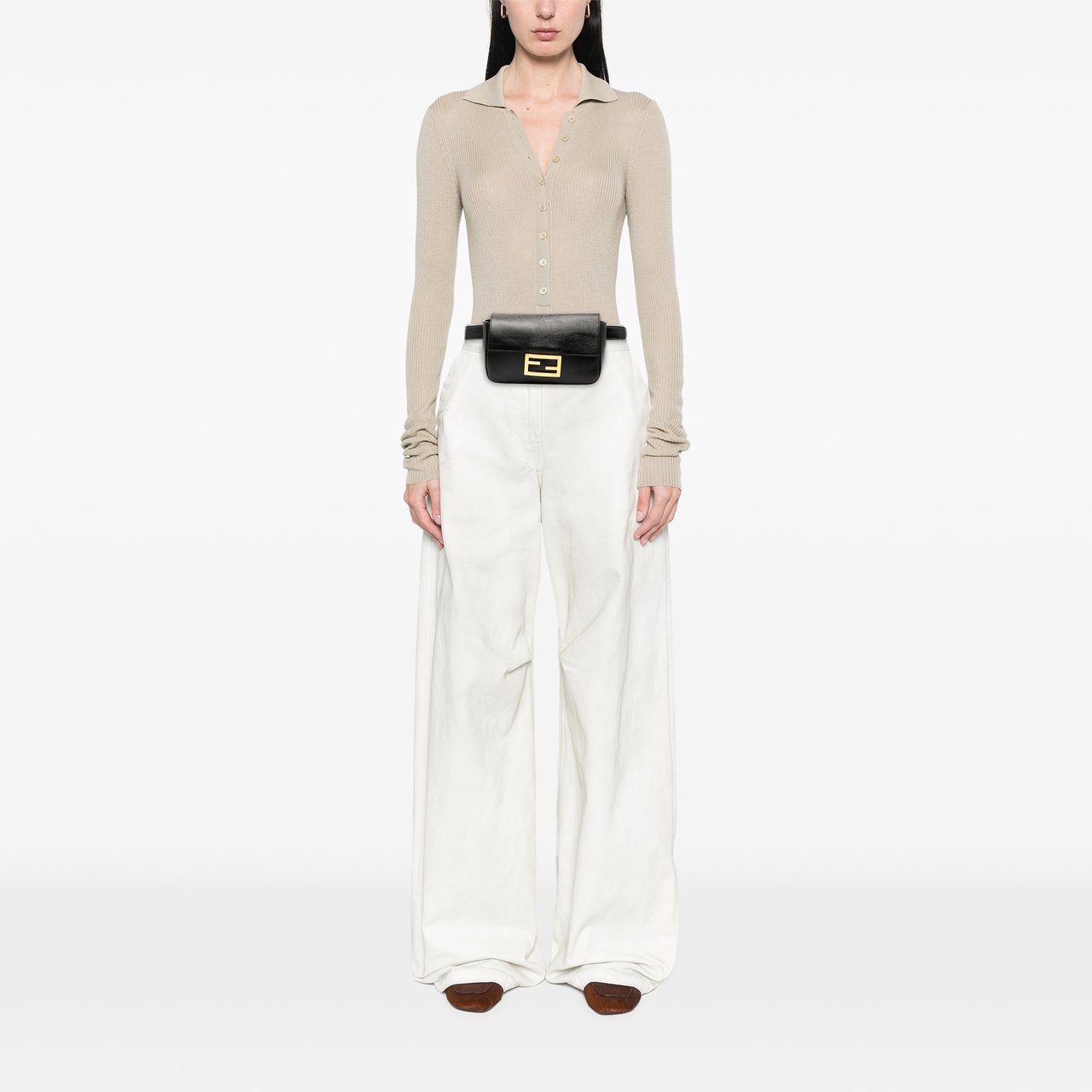 Fendi Leather FF Logo Baguette Belt Bag Zwart