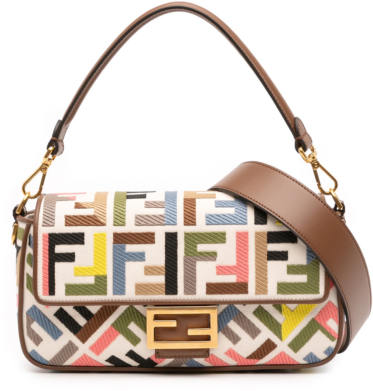 Fendi Zucca Embroidered Canvas Baguette Satchel Bruin