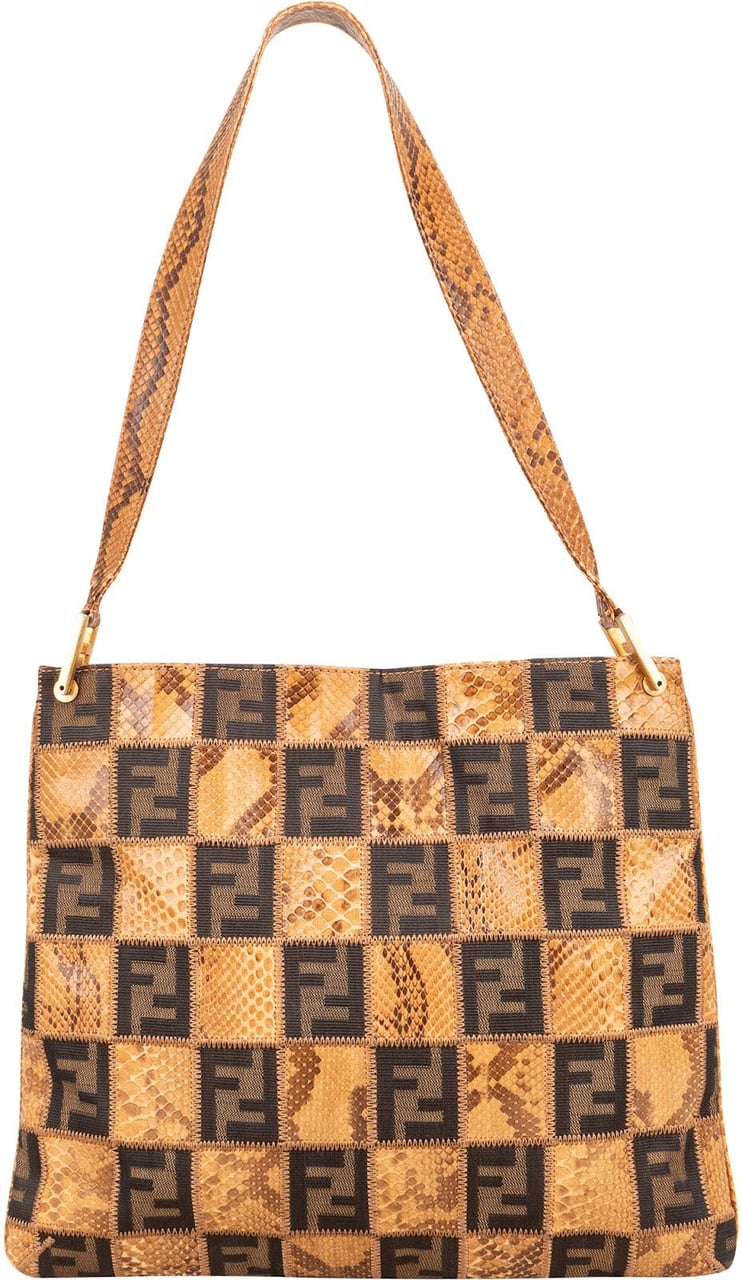 Fendi Fendi Monogram Python and Zucca Canvas Patchwork Shoulder Bag Bruin