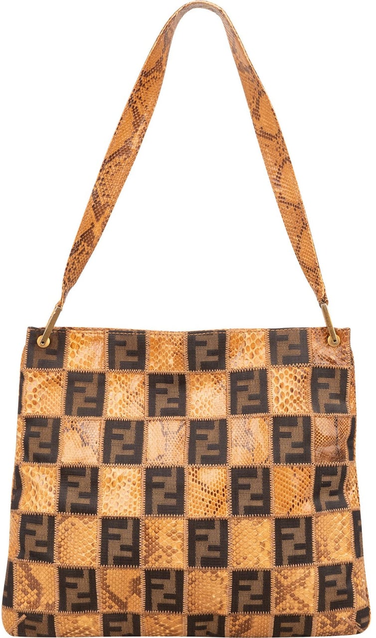 Fendi Fendi Monogram Python and Zucca Canvas Patchwork Shoulder Bag Bruin