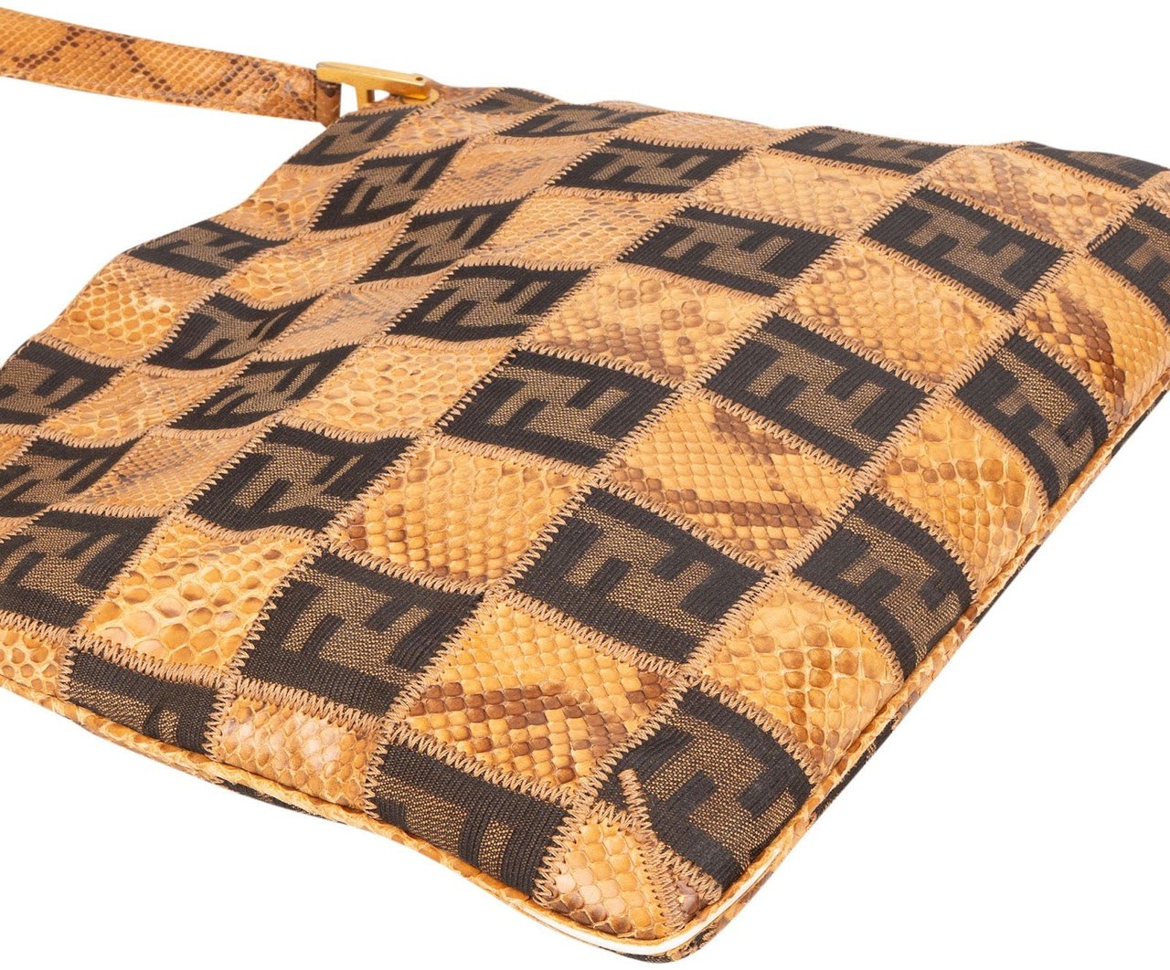 Fendi Fendi Monogram Python and Zucca Canvas Patchwork Shoulder Bag Bruin
