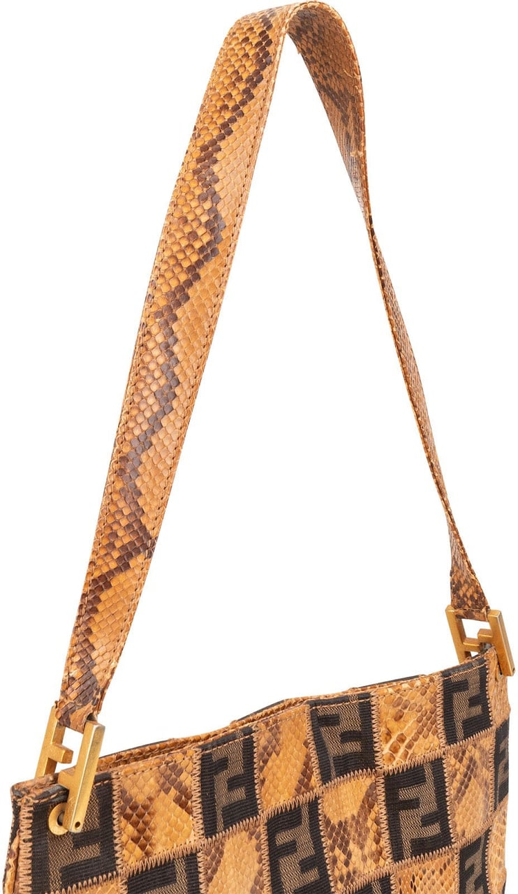 Fendi Fendi Monogram Python and Zucca Canvas Patchwork Shoulder Bag Bruin
