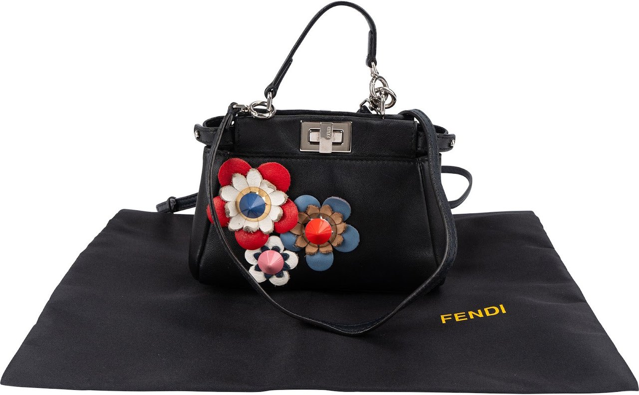 Fendi Fendi Leather Flowerland Micro Peekaboo Handbag Zwart