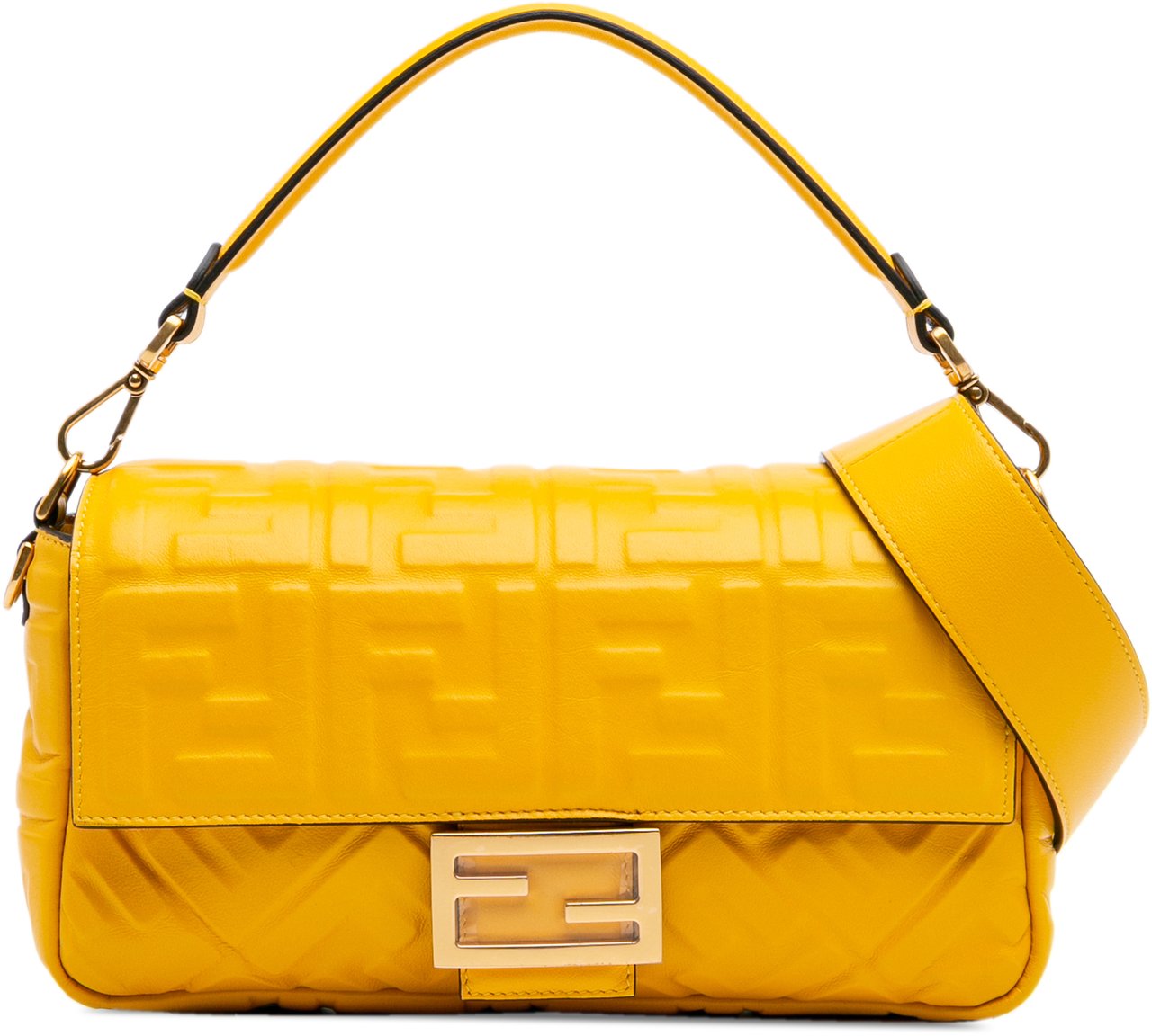 Fendi Zucca Embossed Leather Baguette Satchel Geel