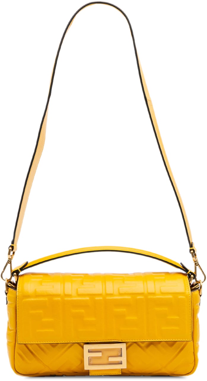 Fendi Zucca Embossed Leather Baguette Satchel Geel