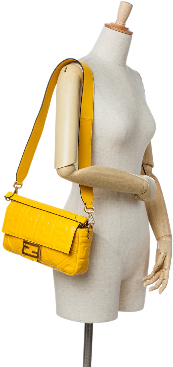 Fendi Zucca Embossed Leather Baguette Satchel Geel