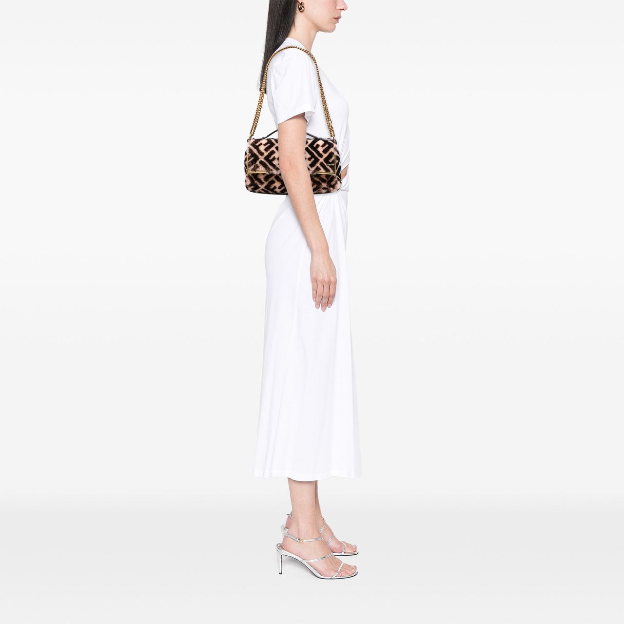 Fendi Zucca Shearling Double F Baguette Satchel Bruin