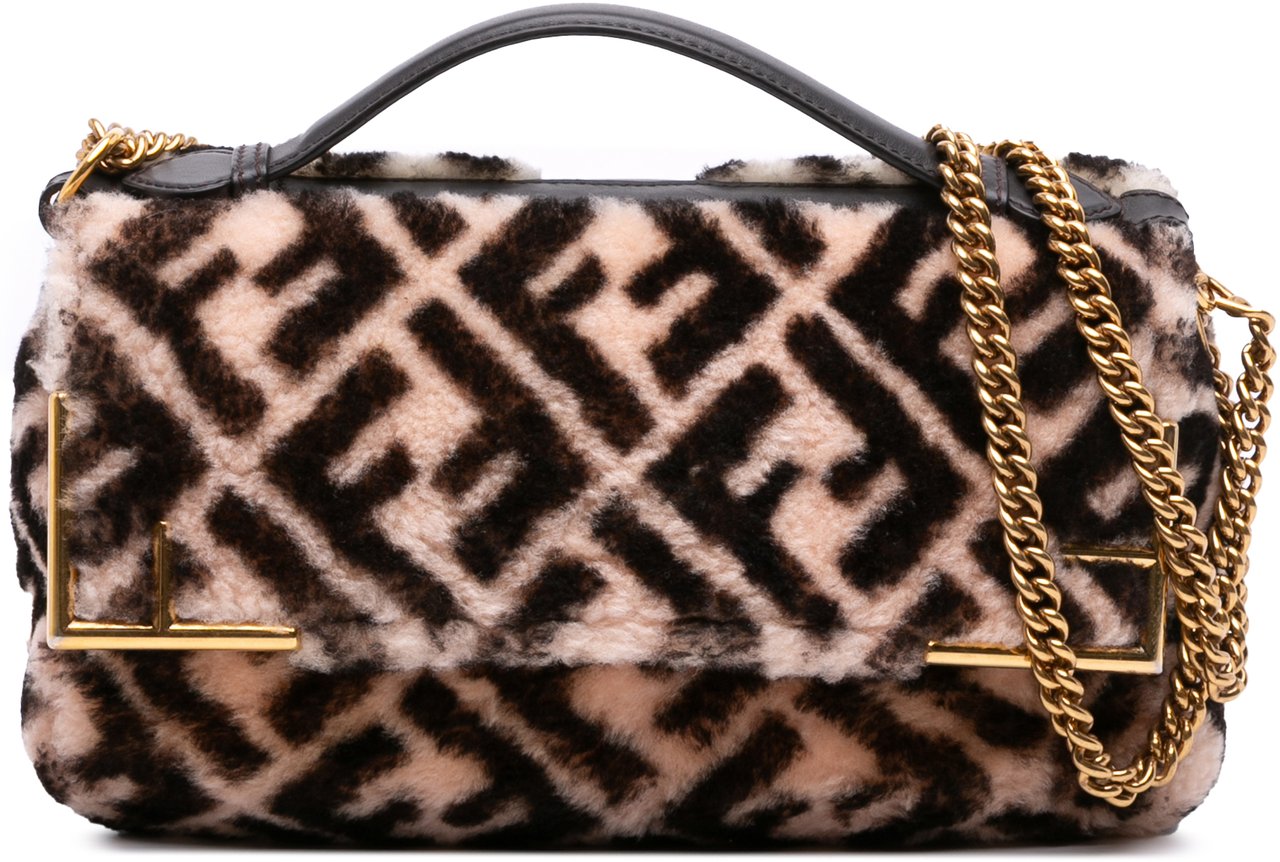 Fendi Zucca Shearling Double F Baguette Satchel Bruin