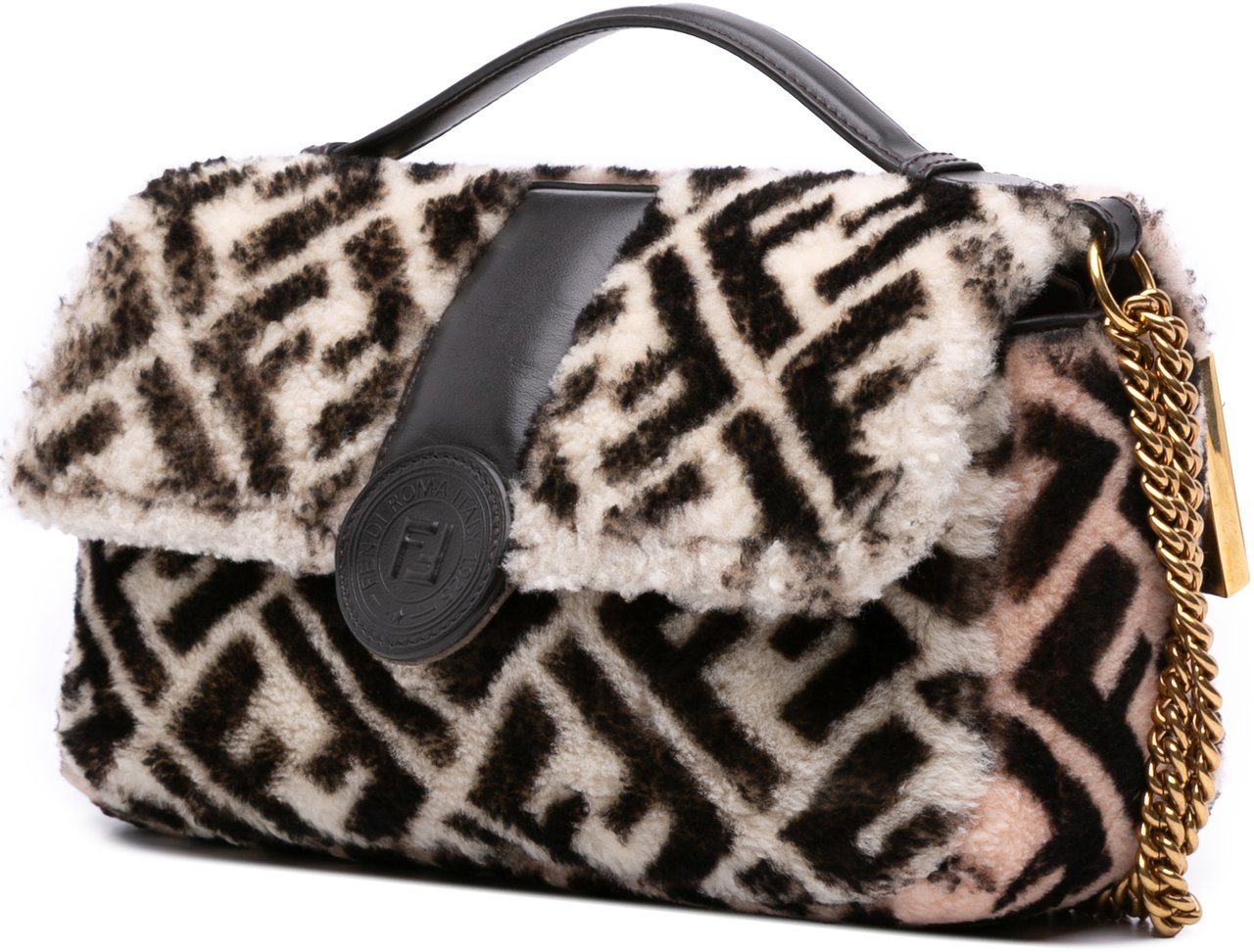 Fendi Zucca Shearling Double F Baguette Satchel Bruin