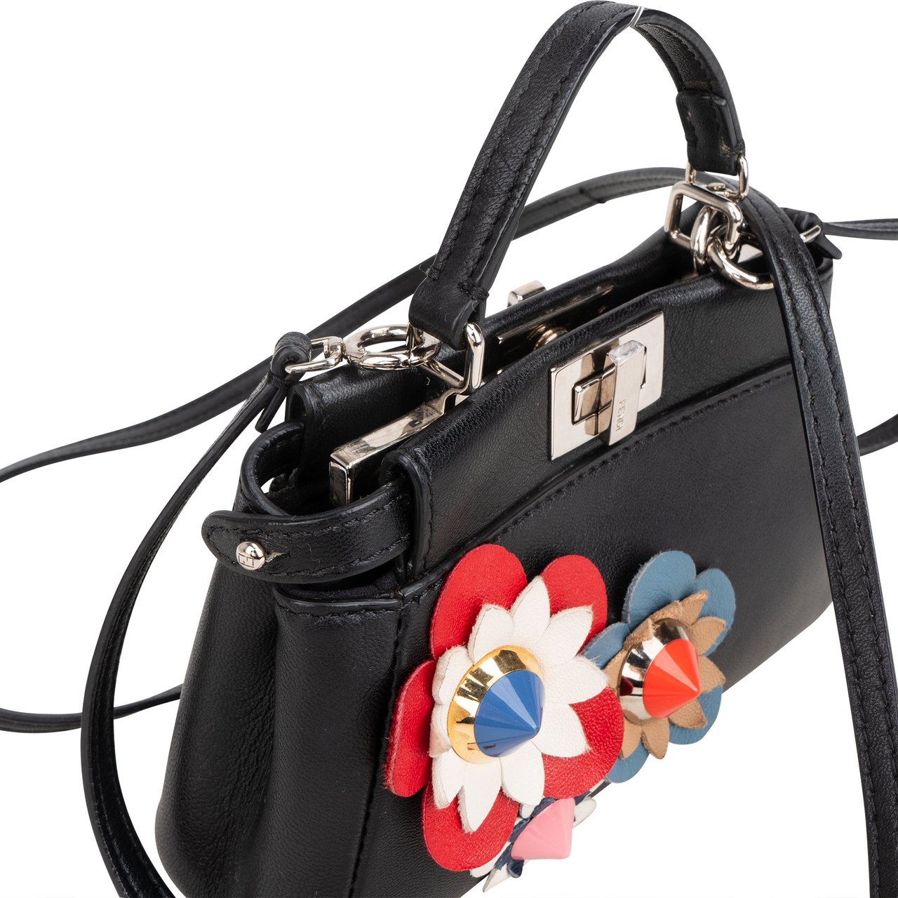 Fendi Fendi Black Leather Floral Mini Peekaboo Handbag Divers