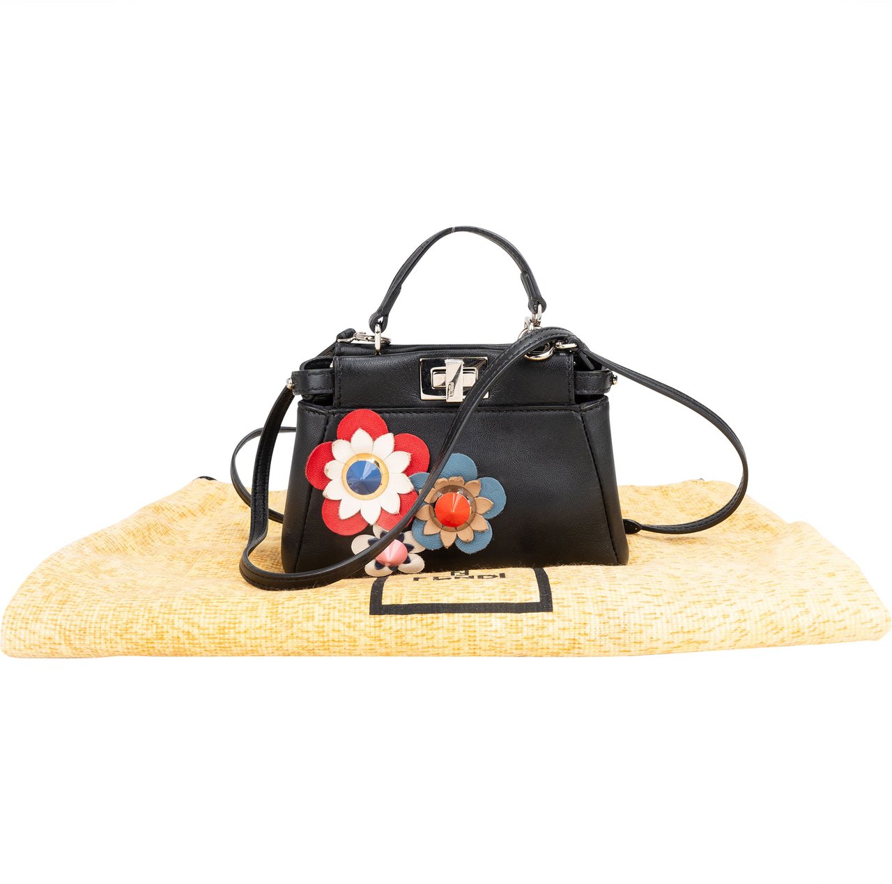 Fendi Fendi Black Leather Floral Mini Peekaboo Handbag Divers