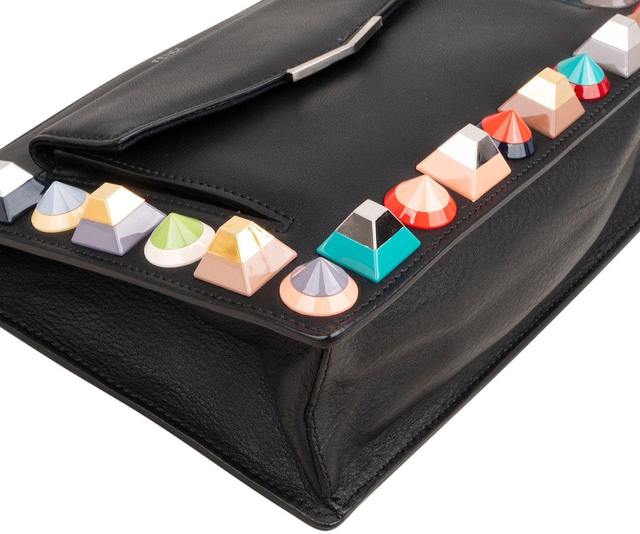 Fendi Black Leather Rainbow Studded Crossbody Bag Zwart