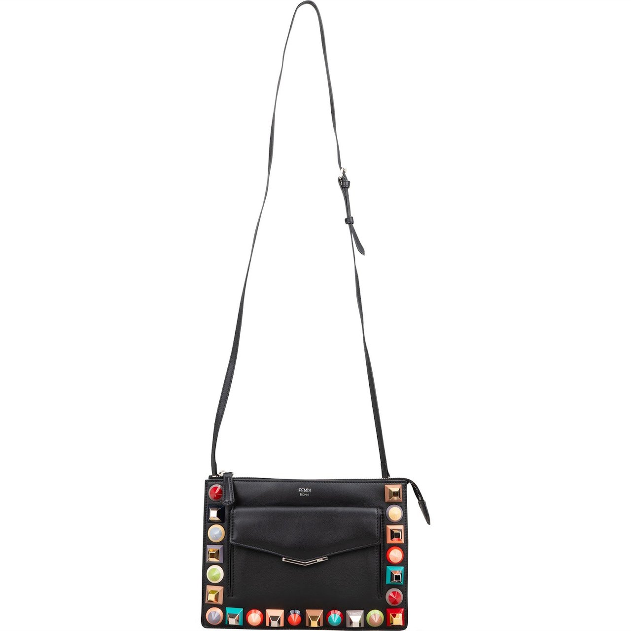 Fendi Black Leather Rainbow Studded Crossbody Bag Zwart