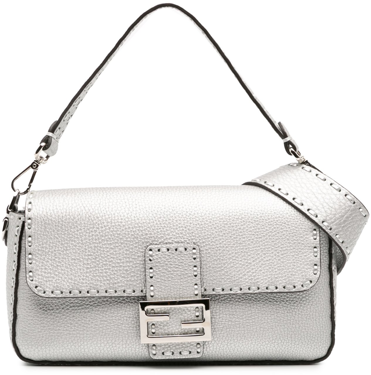 Fendi Leather Selleria Baguette Satchel Zilver