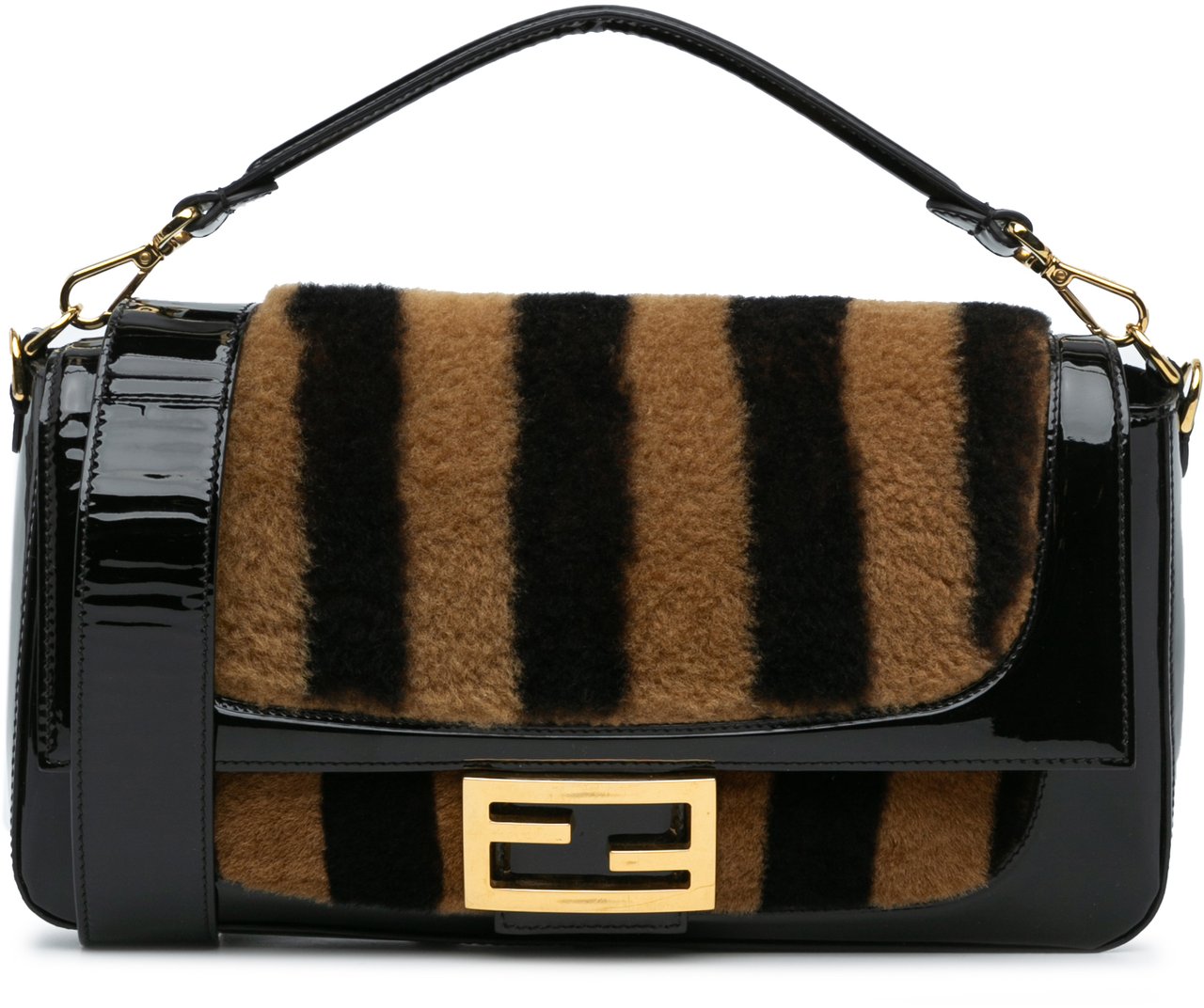 Fendi Shearling Pequin Baguette Satchel Zwart