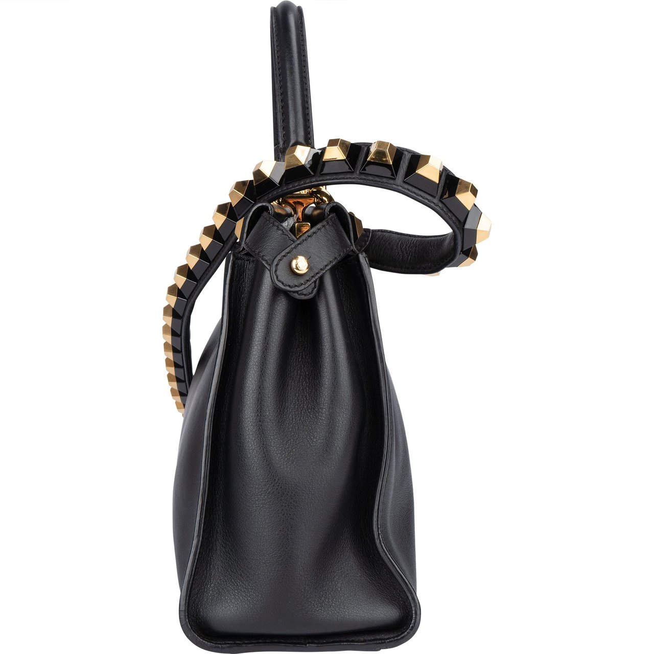 Fendi Noir Leather Gold Edition Spikes Peekaboo Handbag Zwart
