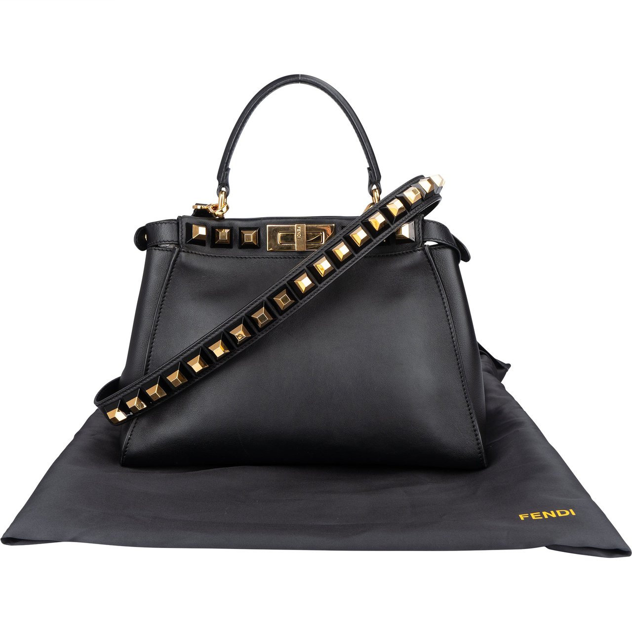 Fendi Noir Leather Gold Edition Spikes Peekaboo Handbag Zwart