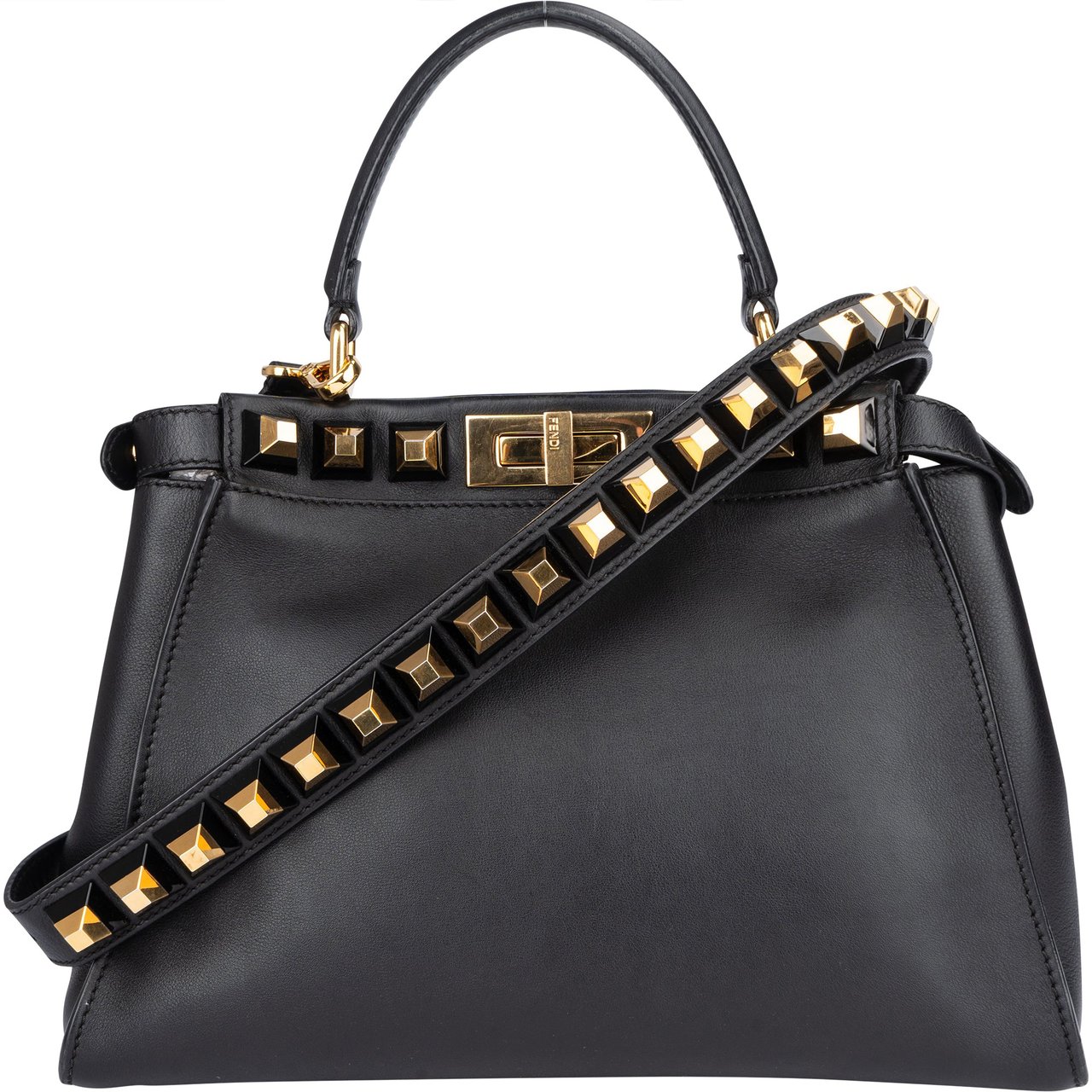 Fendi Noir Leather Gold Edition Spikes Peekaboo Handbag Zwart