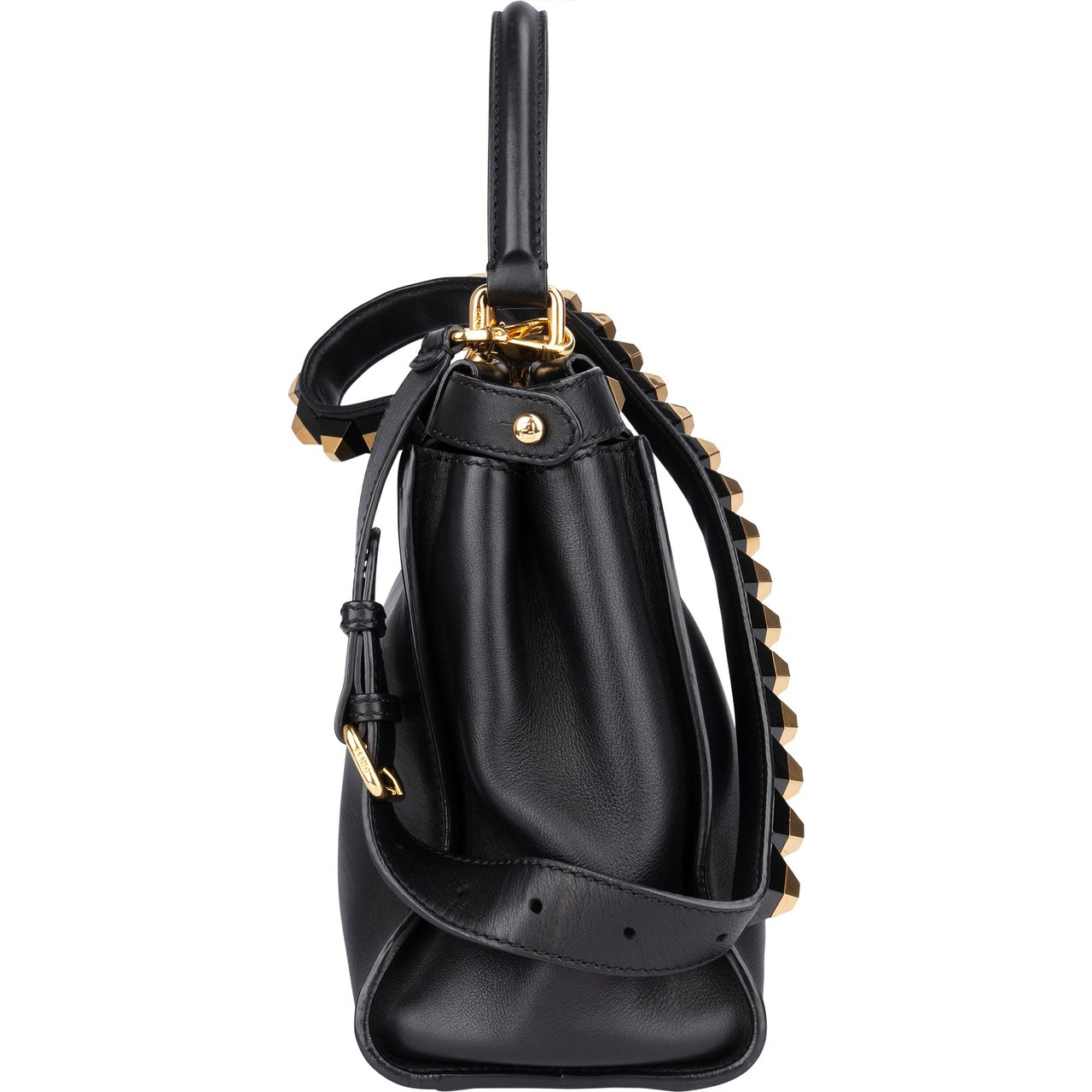 Fendi Noir Leather Gold Edition Spikes Peekaboo Handbag Zwart