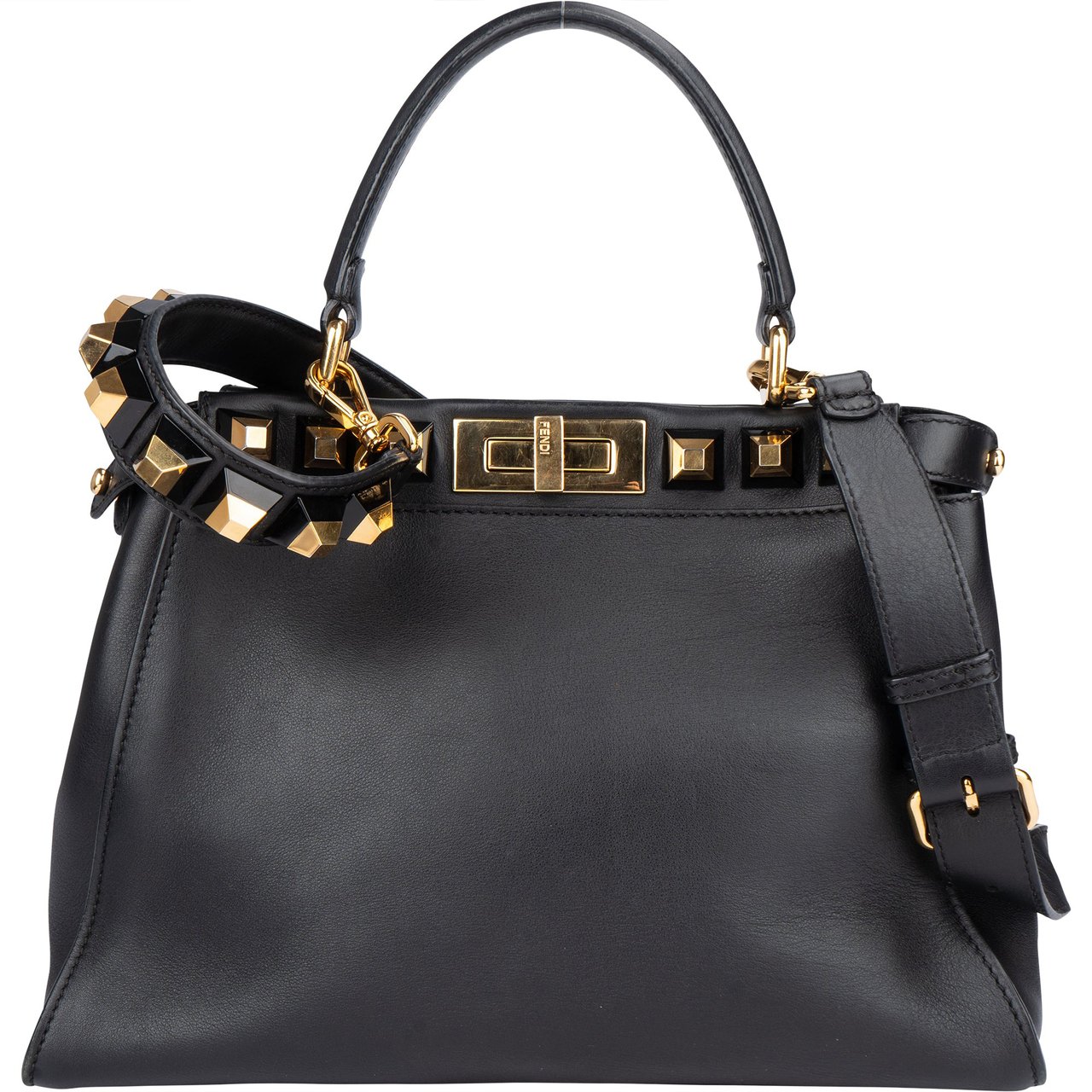 Fendi Noir Leather Gold Edition Spikes Peekaboo Handbag Zwart