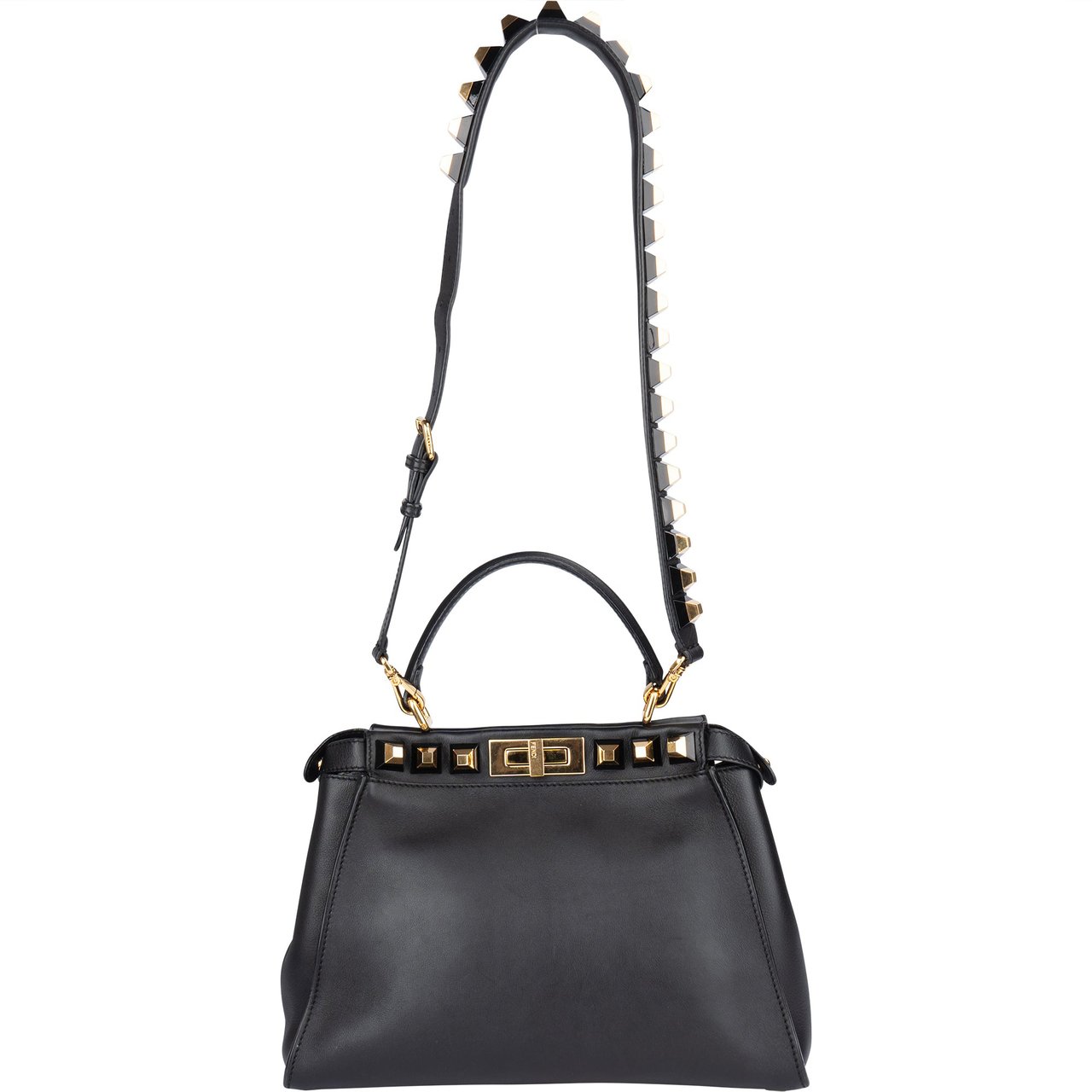Fendi Noir Leather Gold Edition Spikes Peekaboo Handbag Zwart