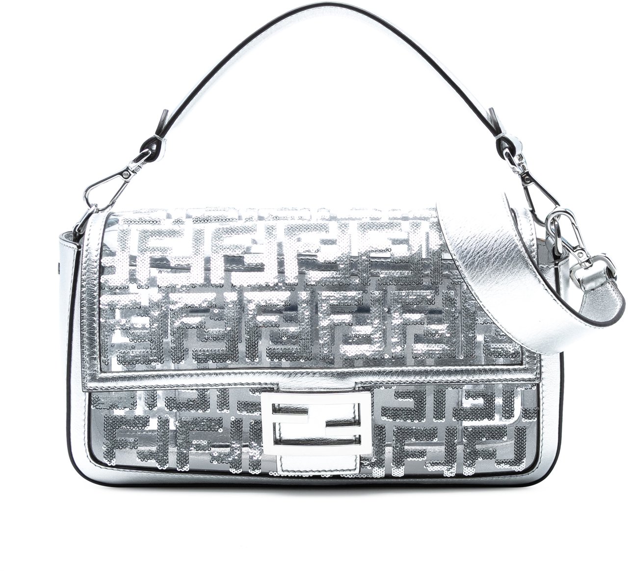 Fendi Nicki Minaj Medium Sequined PVC FF 1974 Baguette Satchel Zilver