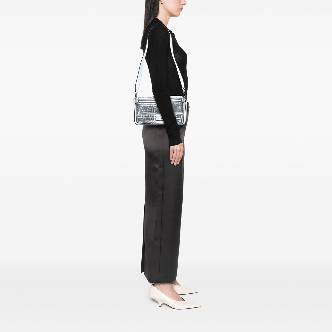 Fendi Nicki Minaj Medium Sequined PVC FF 1974 Baguette Satchel Zilver