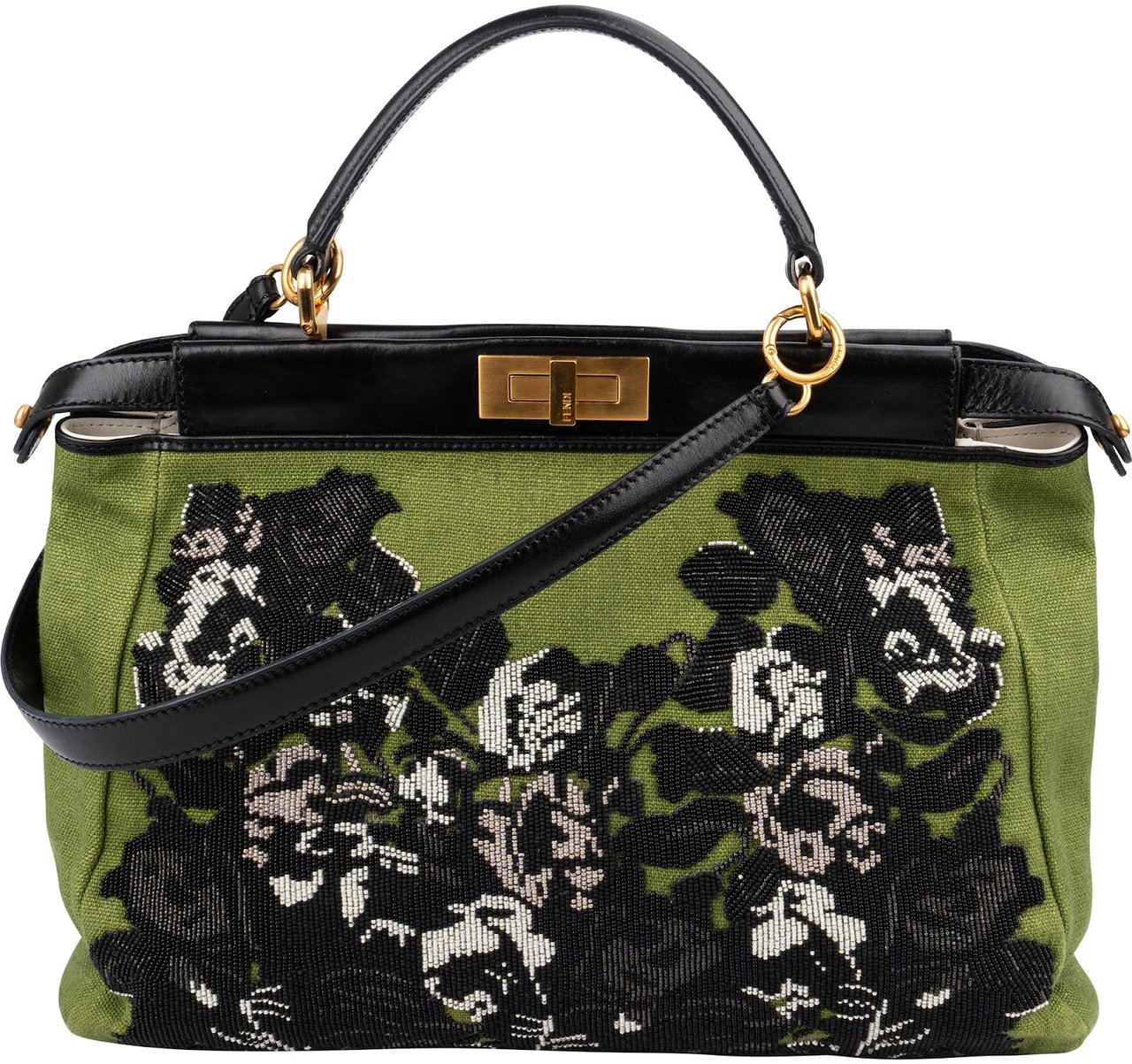 Fendi Limited Floral Embroidered Denim Peekaboo Handbag Groen