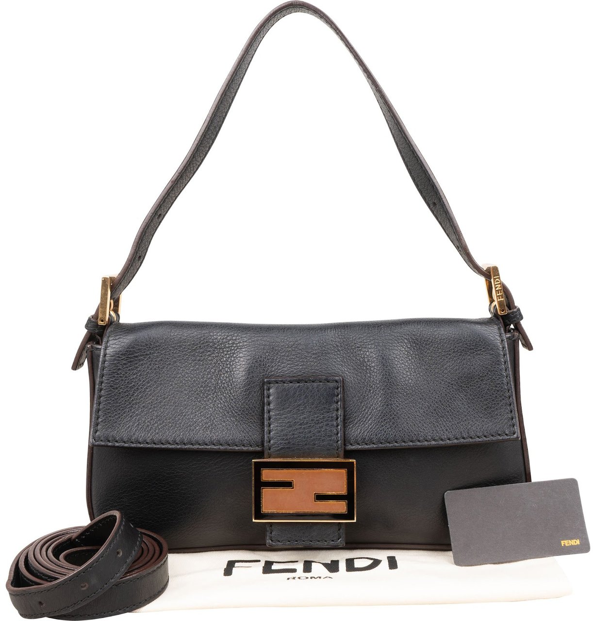 Fendi Vitello Leather Baguette Shoulder Bag Zwart