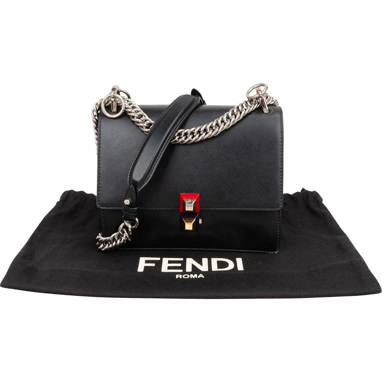 Fendi Calfskin Leather Kan I Crossbody Bag Zwart