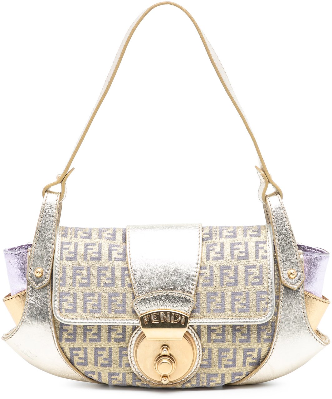 Fendi Zucchino Coated Canvas and Metallic Leather Compilation Shoulder Bag Goud