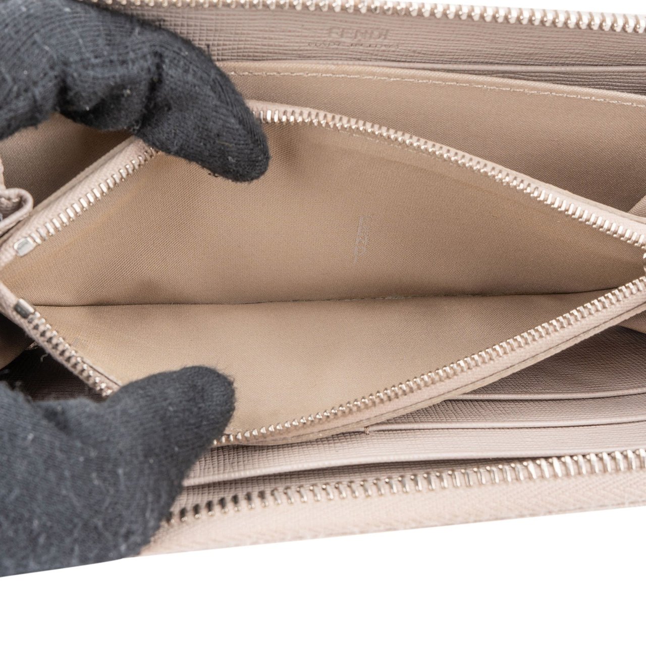 Fendi Leather Flowerland Zip Around Wallet Beige