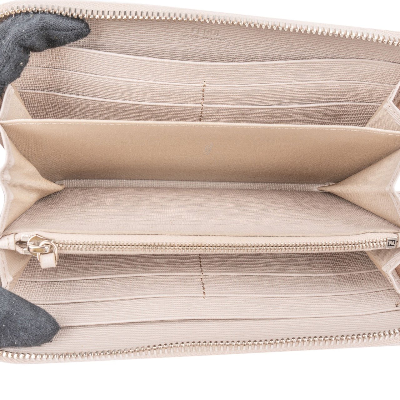 Fendi Leather Flowerland Zip Around Wallet Beige