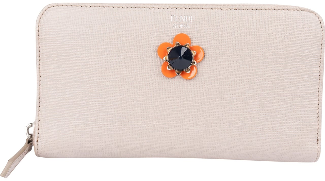 Fendi Leather Flowerland Zip Around Wallet Beige