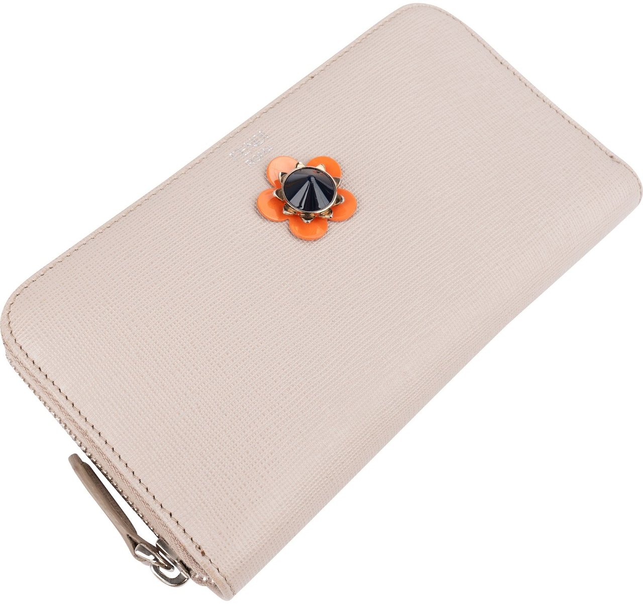 Fendi Leather Flowerland Zip Around Wallet Beige