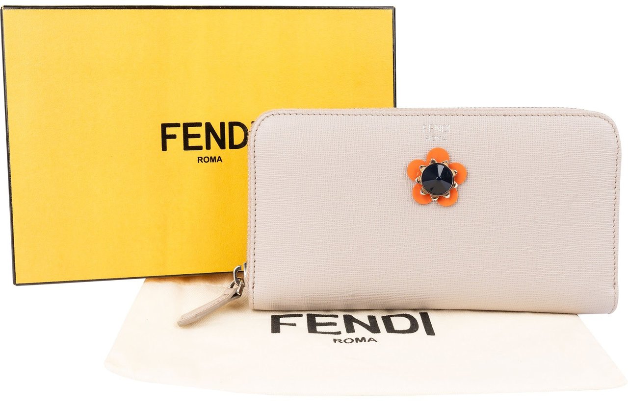 Fendi Leather Flowerland Zip Around Wallet Beige