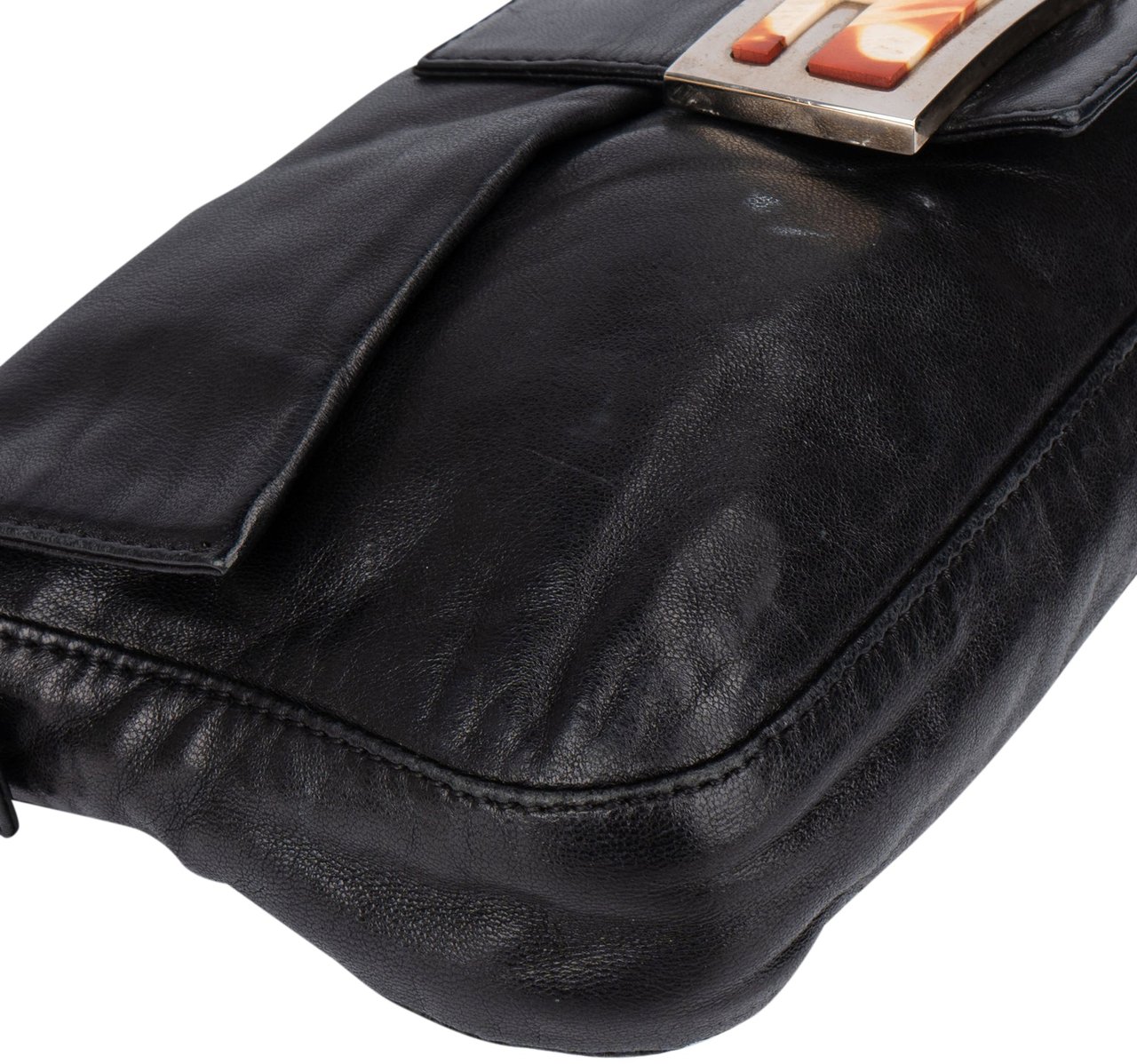 Fendi Fendi Limited Leather FF Buckle Baguette Handbag Zwart