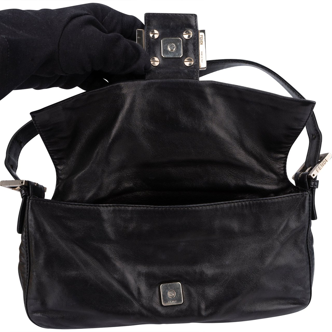 Fendi Fendi Limited Leather FF Buckle Baguette Handbag Zwart