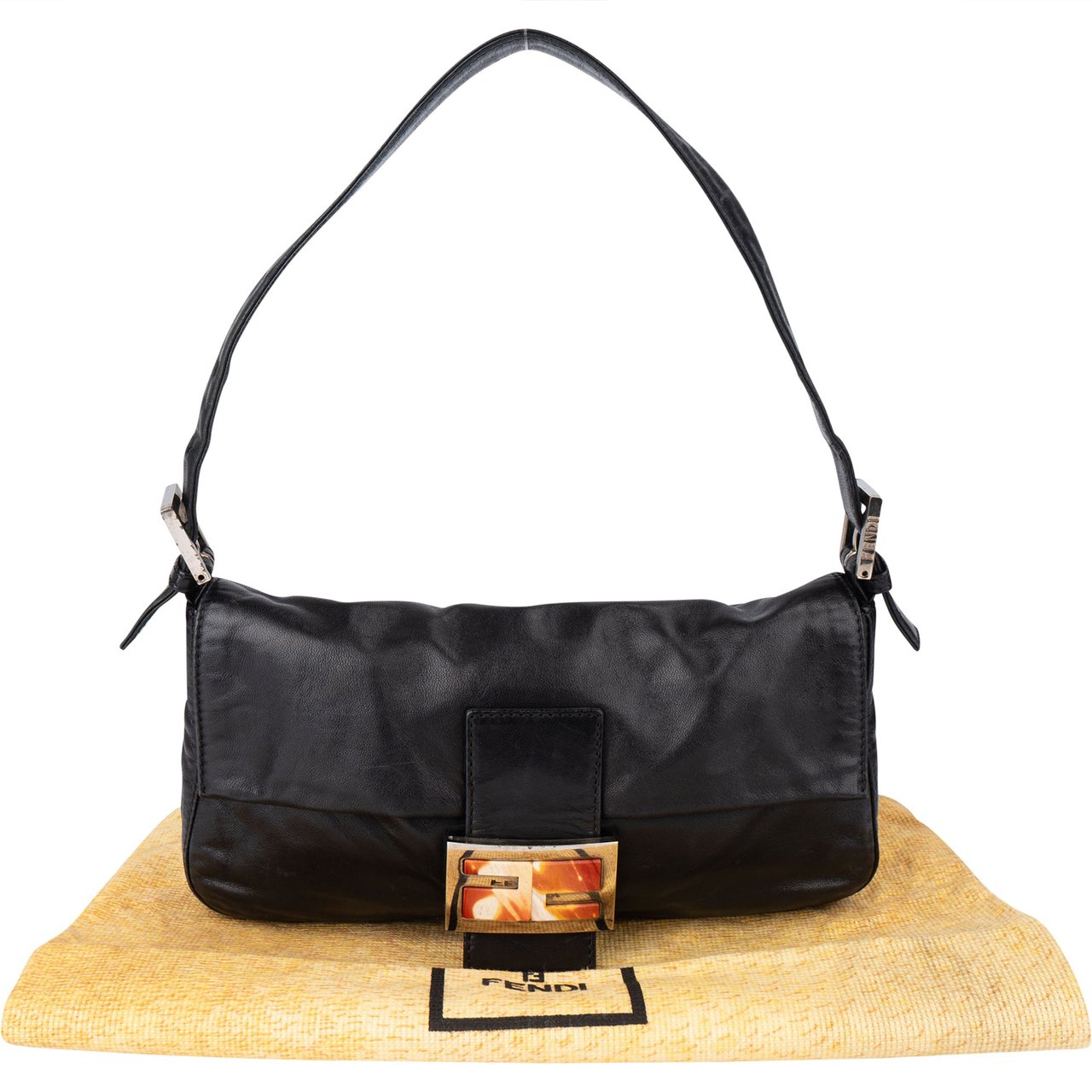 Fendi Fendi Limited Leather FF Buckle Baguette Handbag Zwart